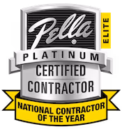 Pella Platinum Certified Contractor badge with a yellow ribbon stating National Contractor of the Year and a vertical yellow label reading Elite.